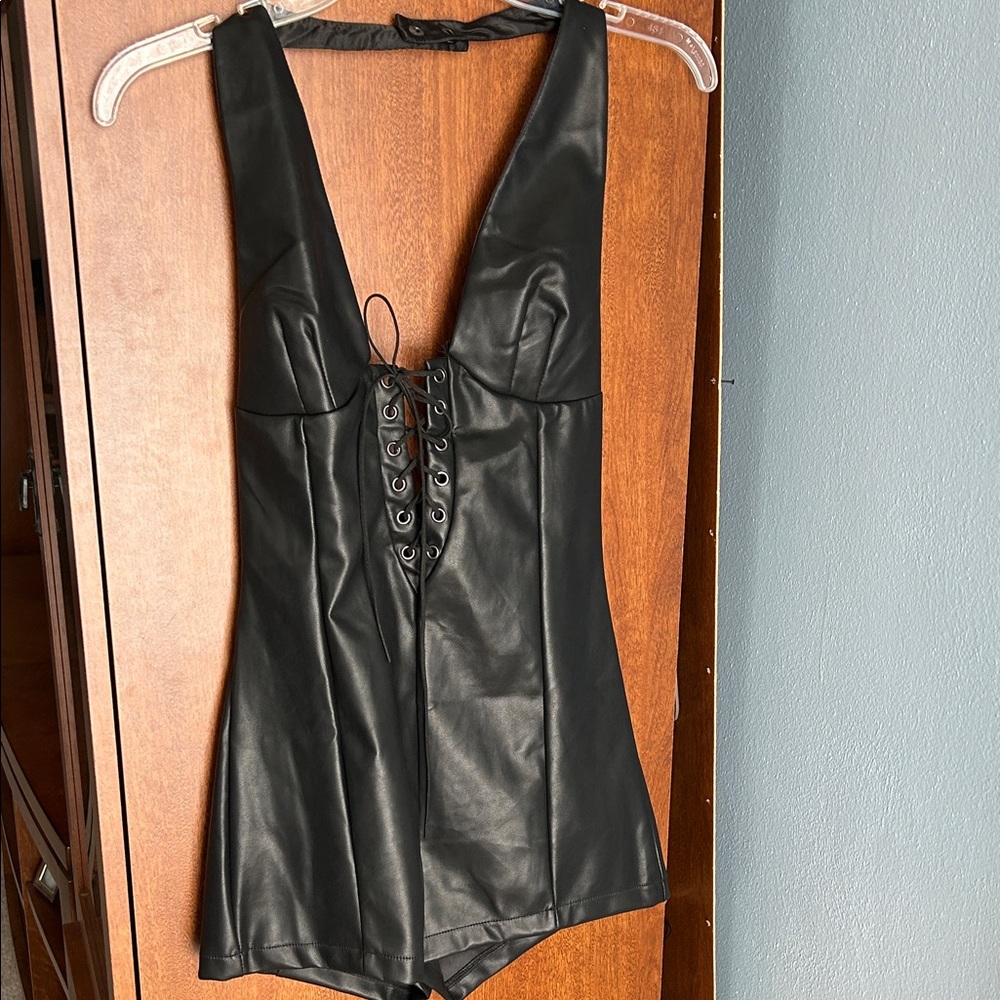 Ecote Black Faux Leather Lace-Up Romper - Snap Straps Around Neck